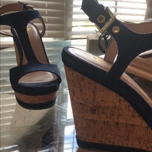 EUC Denim cork wedges